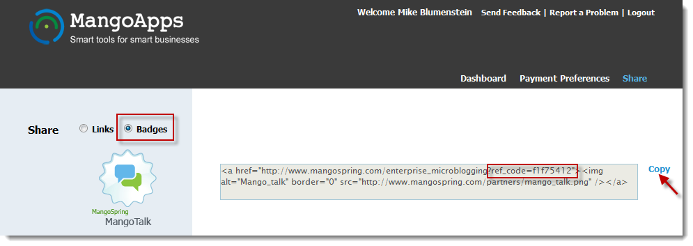 Badges Tab of enterprise social tool Affiliate Program